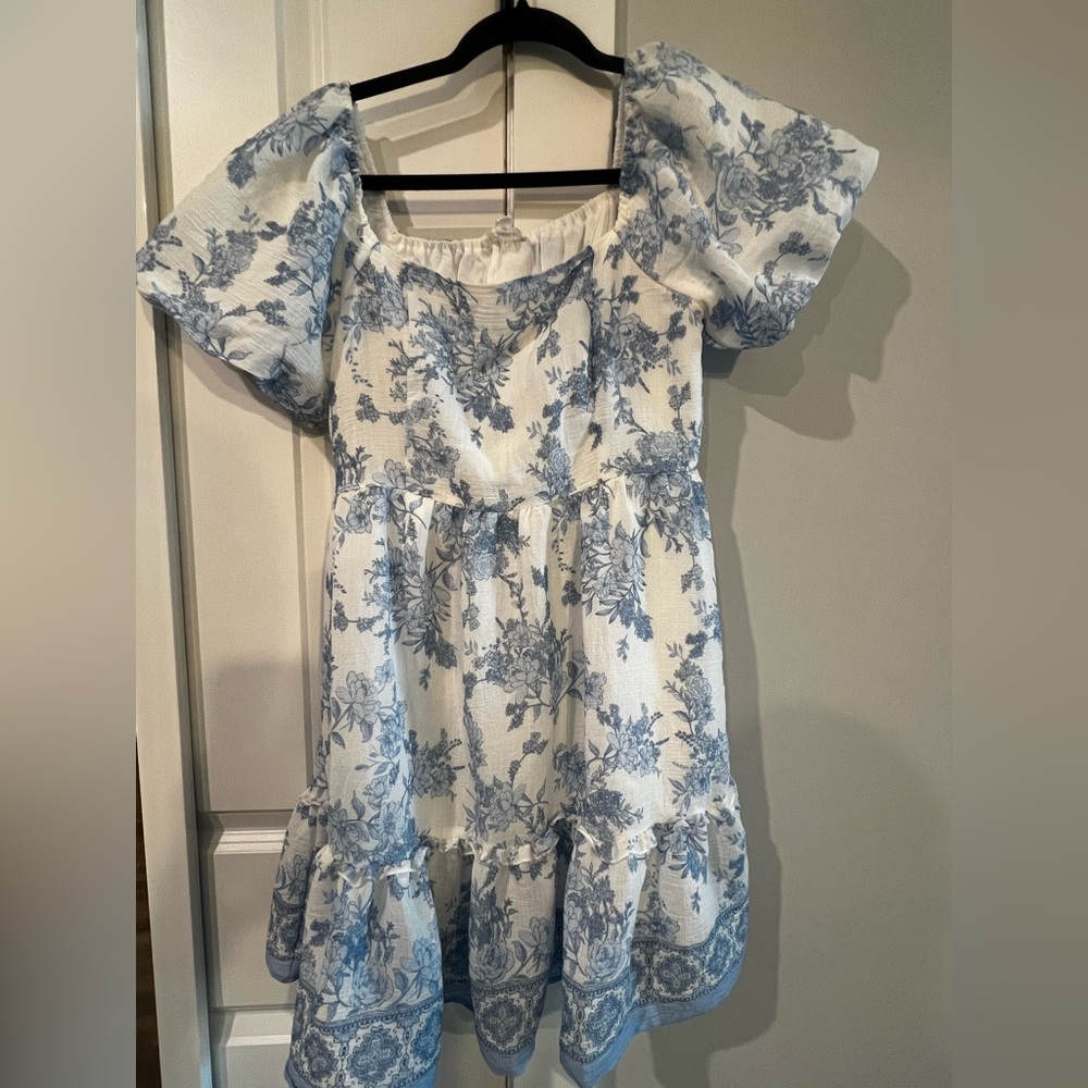 Girls Blue Floral Puff-Sleeve Summer Dress